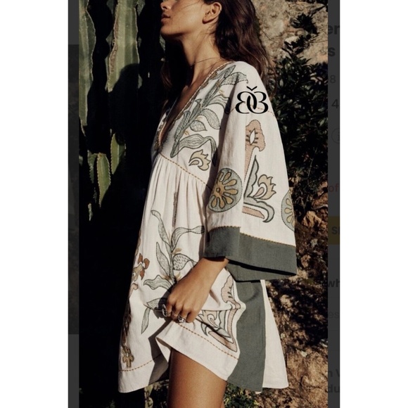 Beige & Green Boho Embroidered V Neck 3/4 Sleeve Babydoll Mini Dress - Picture 10 of 16